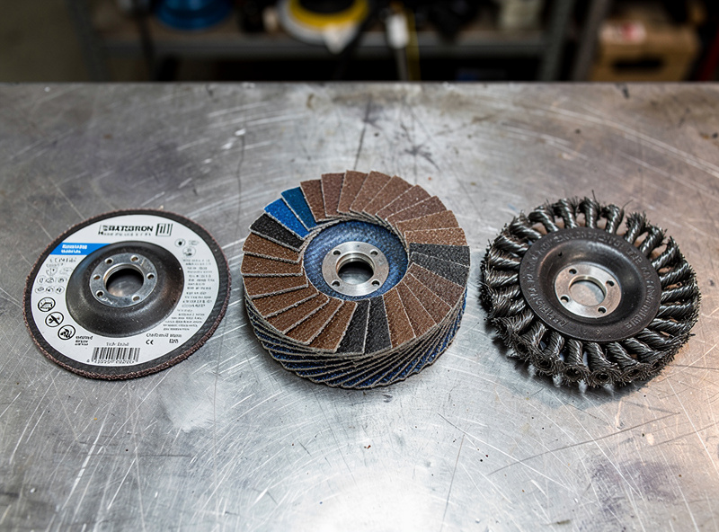 Photograph of a 4.5-inch angle grinder on a welding table with three wheel types arranged next to it: a cutoff wheel, a flap disc, and a knotted wire cup brush