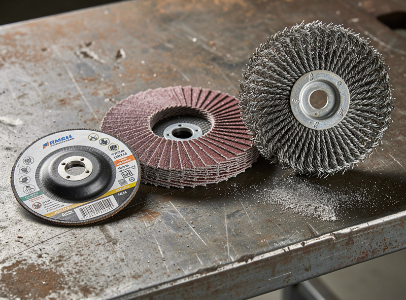 Close-up photograph showing the three angle grinder wheel types on a steel workbench: a slim cutoff wheel, a layered flap disc, and a knotted wire cup brush with their distinct surface textures