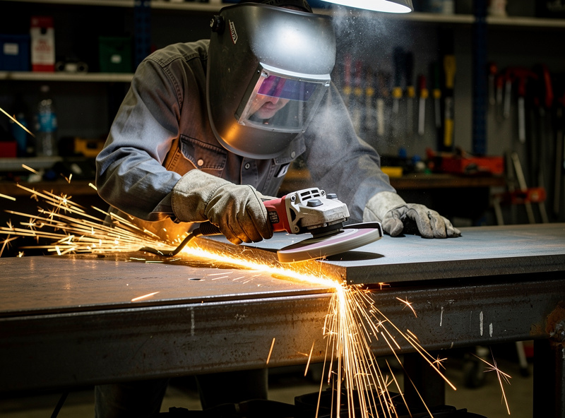 Photograph showing a welder using an angle grinder with a flap disc to clean and bevel the edge of a steel plate on a welding table, with proper guard position and face shield visible