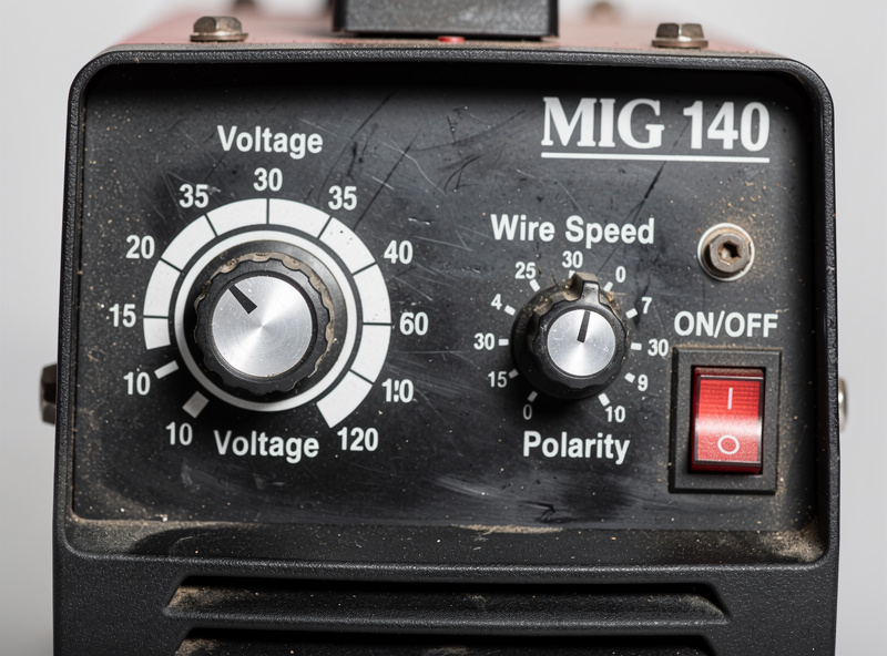 Macro photograph of a budget MIG welder front control panel showing voltage knob and wire speed dial