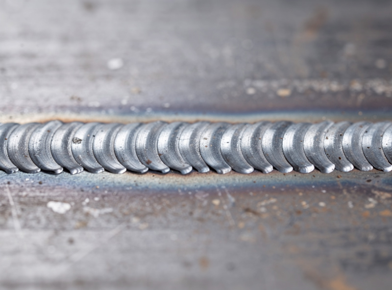 Macro photograph of a clean horizontal weld bead on mild steel made by a budget MIG welder showing consistent ripple pattern