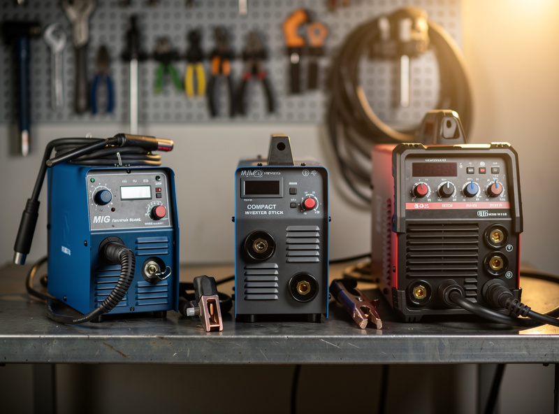 Three budget welders displayed side by side on a workbench: a compact MIG welder, an inverter stick welder, and a multi-process unit