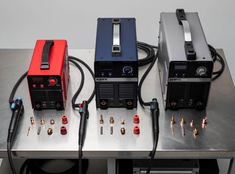 Top-down view of three different plasma cutters arranged side by side on a workshop bench with their respective torches and consumables in front of each unit