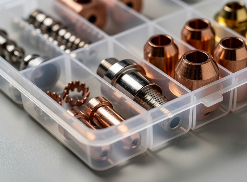 Close-up of plasma cutter consumables laid out — replacement electrodes, swirl rings, gas cups, and shield caps in a clear plastic organizer tray