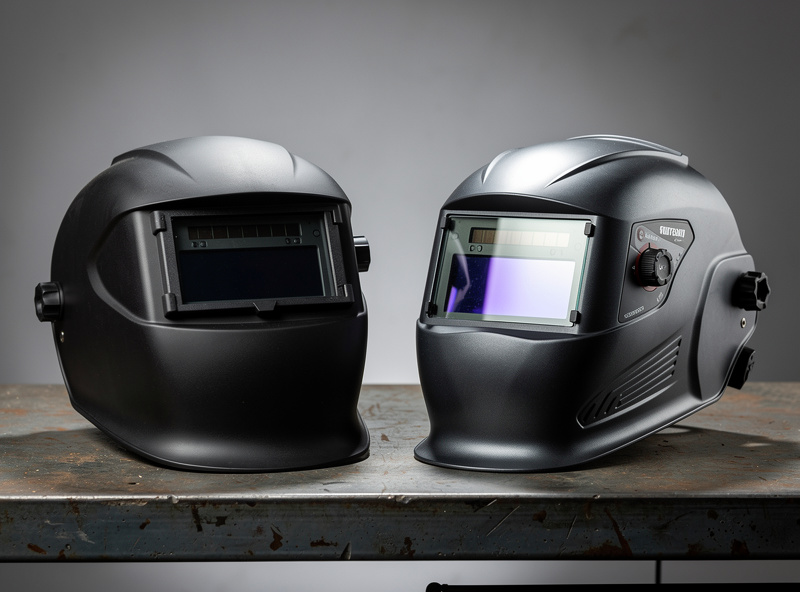 Side-by-side comparison of two welding helmets — left a basic black passive fixed-shade helmet, right a premium auto-darkening helmet with large viewing area and external sensitivity controls