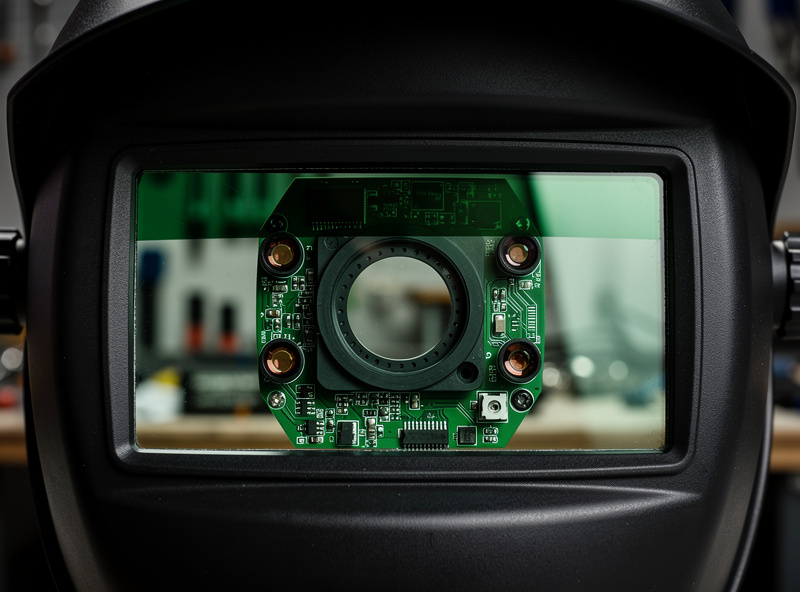 Macro close-up view through the viewing window of an auto-darkening welding helmet showing four arc sensors arranged around a clear lens cartridge with internal control board visible