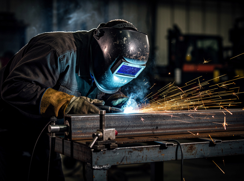 Welder wearing a quality auto-darkening helmet bent over a steel workpiece on a welding table with bright arc visible through darkened lens and sparks flying