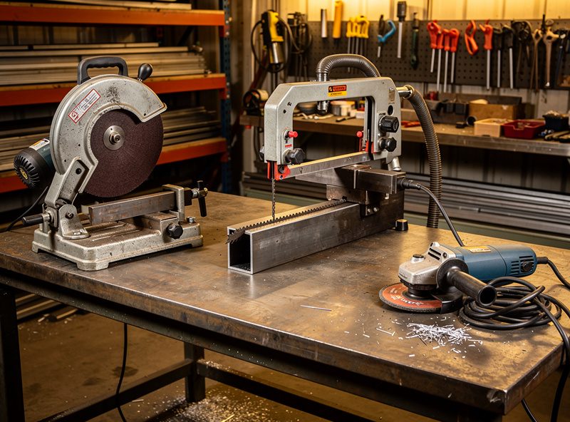 Photograph showing three metal cutting tools lined up on a workshop floor: an abrasive chop saw, a horizontal band saw, and an angle grinder with a cutoff wheel