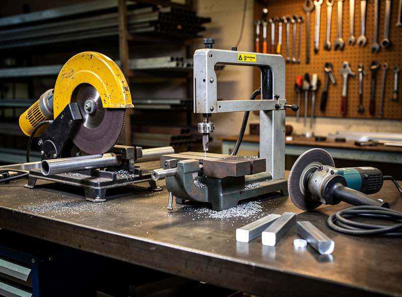Photograph of a home workshop metal cutting station showing the abrasive chop saw on a dedicated stand with material support rollers, the angle grinder hanging nearby, and cut pieces organized on a shelf