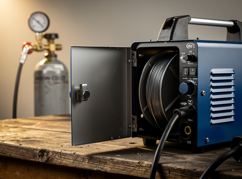 Close-up photograph of an entry-level 120-volt MIG welder on a workshop bench with wire spool visible and gas regulator attached to argon-CO2 tank in the background