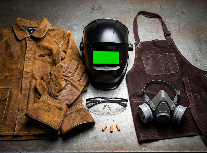 Top-down photograph of essential welding PPE on a workshop bench with auto-darkening helmet, leather welding jacket, gauntlet gloves, leather apron, safety glasses, ear plugs, and respirator mask