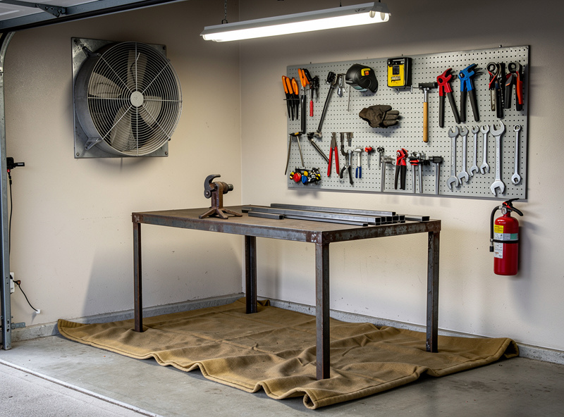 Simple welding workshop corner in a residential garage with steel welding table, fire-resistant blanket on concrete floor, ventilation fan, fire extinguisher, and organized tools on pegboard