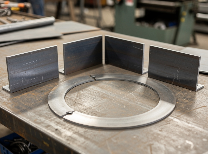 Pre-cut steel pieces laid out on a workshop table for fire pit construction including six rectangular side panels and one circular base ring