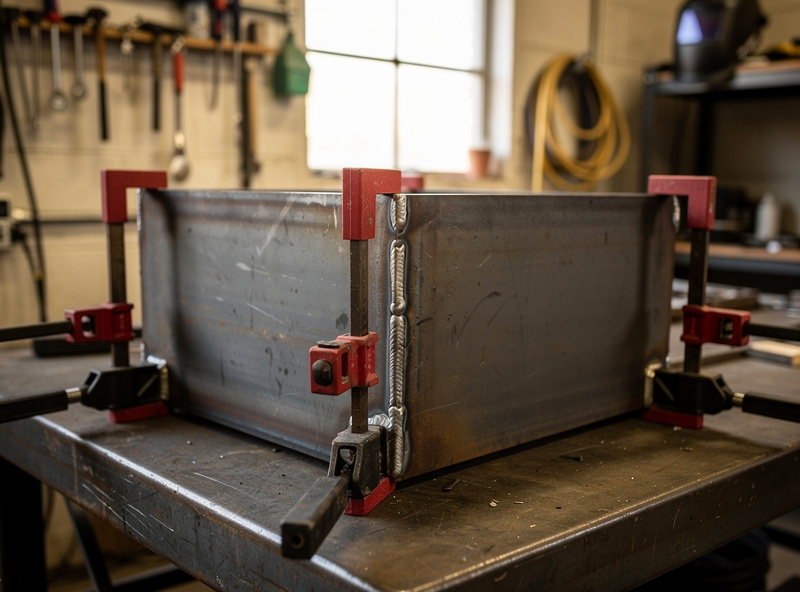 Mid-construction welded steel fire pit on a workbench with tack welds at the corners holding panels together before final welding