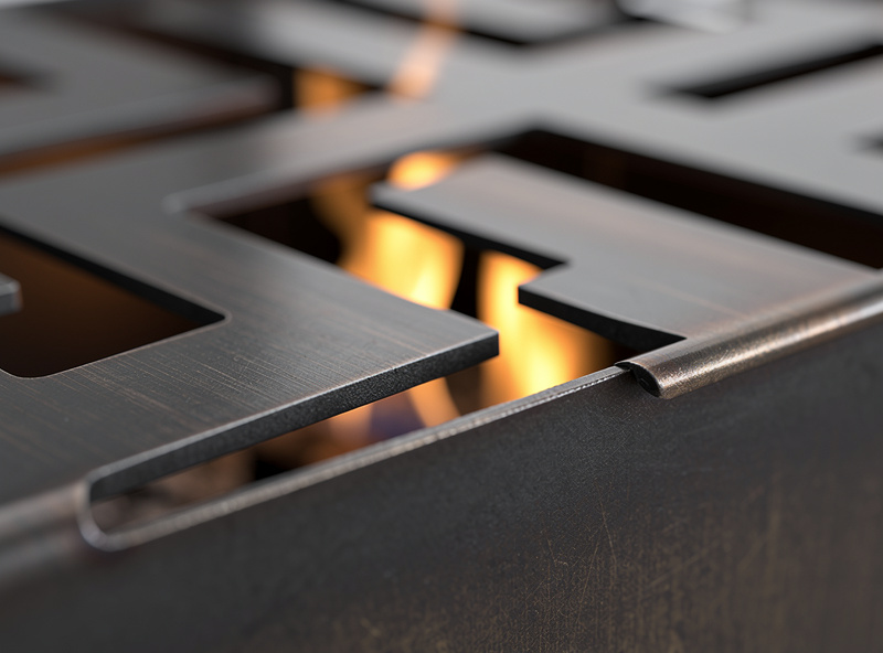 Macro photograph of decorative cut pattern on a steel fire pit side panel showing geometric cutout with smooth edges