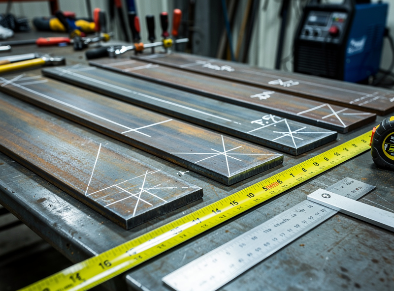 Steel flat bar pieces laid out on welding table with soapstone marks for fire pit project
