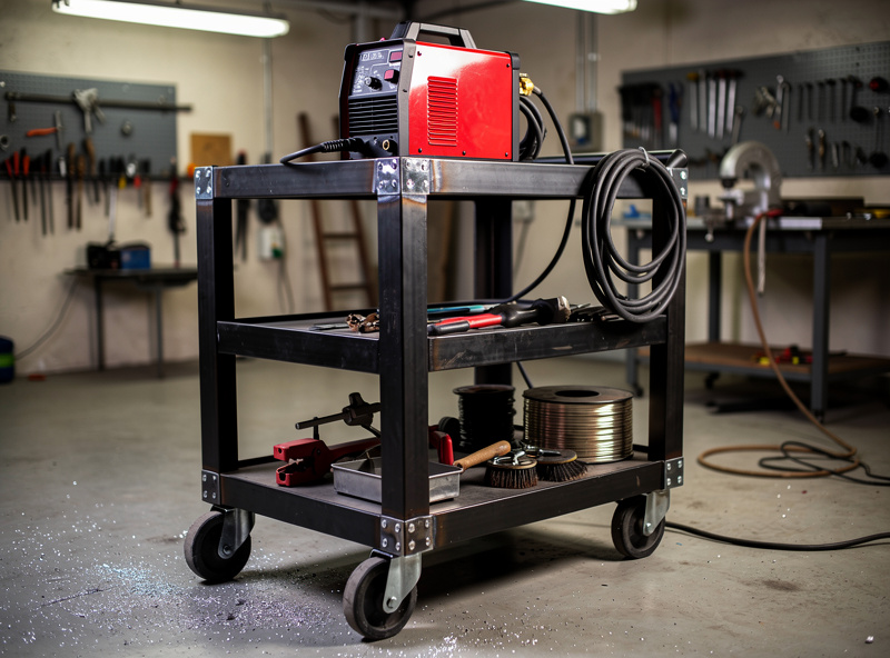 Completed welding cart made from angle iron with MIG welder and tools organized on shelves