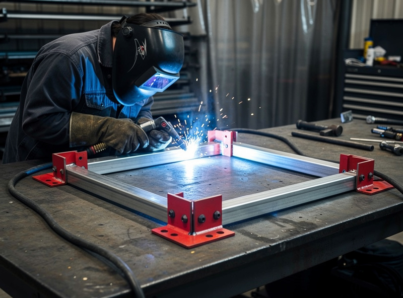 Welder tack-welding a square frame assembly with magnetic squares holding pieces at 90 degrees