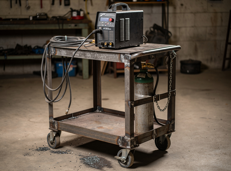 Photograph of a homemade welding cart with MIG welder sitting on top, angle iron frame visible, four casters, and a lower shelf holding a gas cylinder