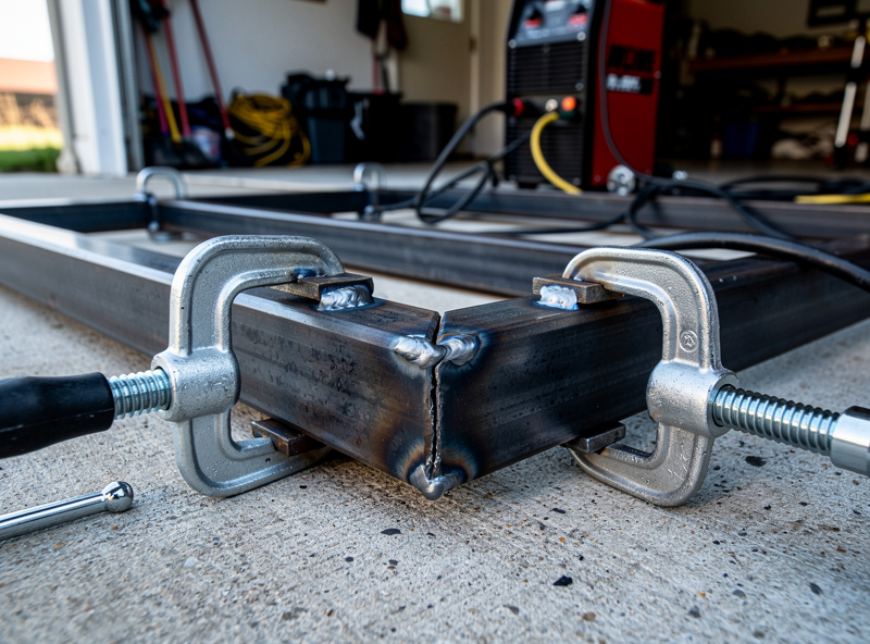 Photograph of a steel workbench leg frame clamped and being tack-welded on a garage floor showing square tube construction with diagonal measurements being checked