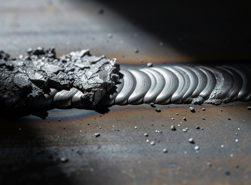 Close-up comparison photograph showing a flux-core weld bead with slag still covering it on the left side and chipped clean on the right side, revealing the bead underneath