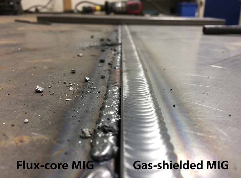 Side-by-side comparison photograph showing the same T-joint welded with flux-core MIG on the left (more spatter, slag visible) and gas-shielded MIG on the right (clean bead, minimal spatter)