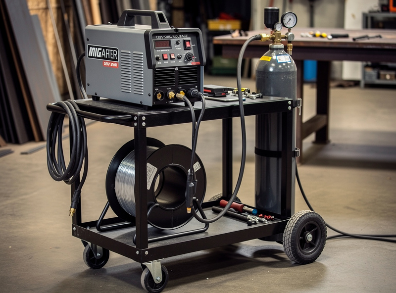 Photograph of a dual-voltage MIG welder on a cart with both a spool of flux-core wire and a gas cylinder visible, showing the hybrid setup capability