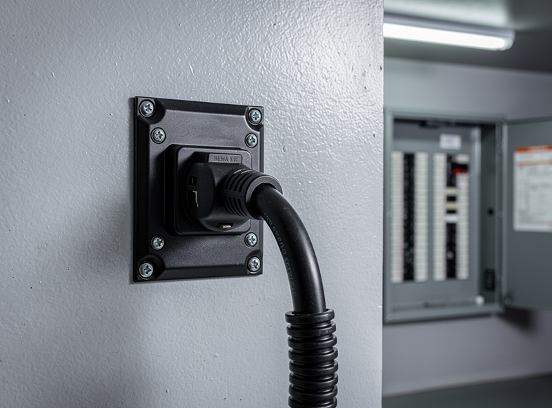 Close-up photograph of an installed NEMA 6-50R welding outlet on a garage wall with a heavy-gauge 8 AWG cord plugged in and the breaker panel visible in the background