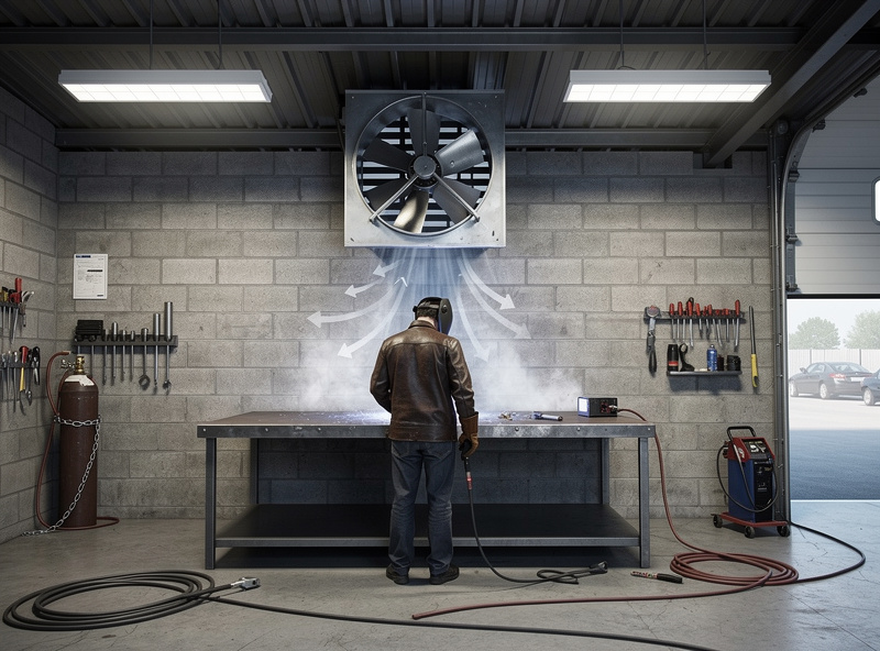 Workshop interior showing a through-wall exhaust fan mounted at fume height above a welding table, with the welder positioned so airflow moves from behind the operator toward the fan