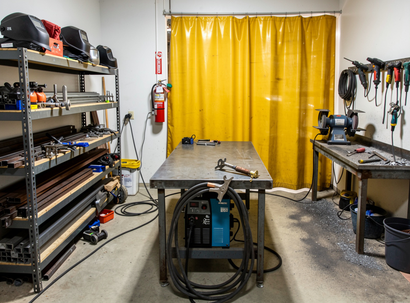 Wide establishing shot of a complete home welding workshop showing the U-shaped layout with metal rack on the left, welding table center, grinding station right, and a welding curtain partially drawn with fire extinguisher visible on the wall