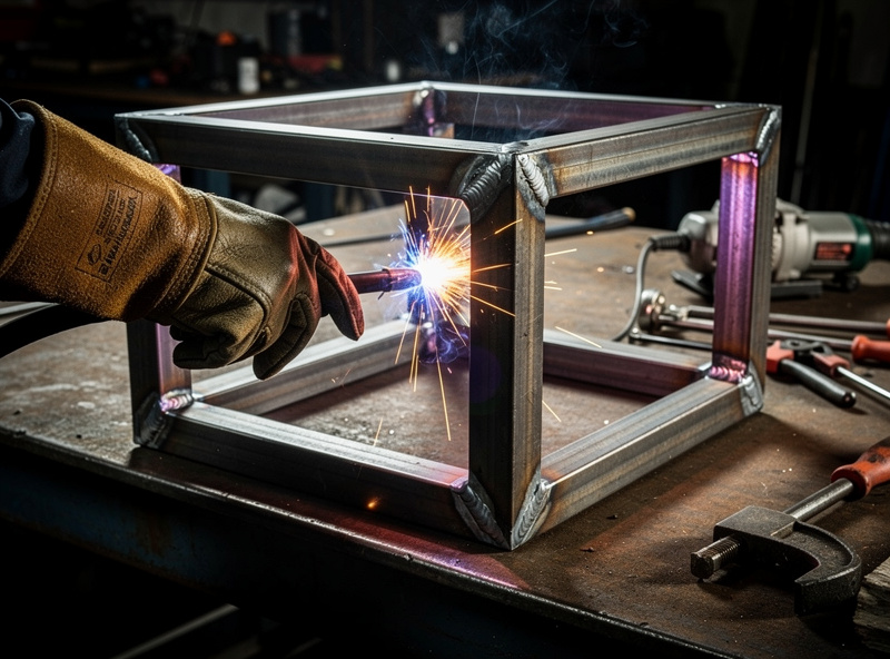 Mid-construction welding cart frame on a welding table with bottom rectangle and one side fully welded showing visible weld beads at corners and a welder positioning the next piece of square tubing