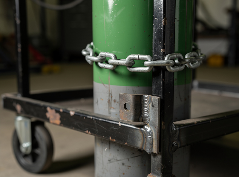 Close-up view of an argon-CO2 gas cylinder secured to the side of a welding cart by a heavy steel chain looped around the cylinder body and locked with a clip anchored to a weldment tab
