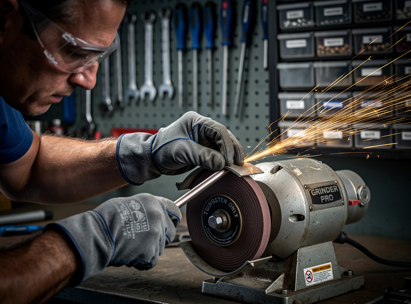 Hands wearing safety glasses sharpening a tungsten electrode on a bench grinder using a dedicated tungsten-only grinding wheel held at a precise low angle parallel to the wheel face