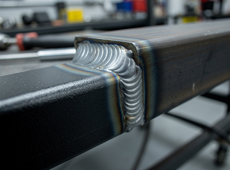 Close up of freshly welded steel angle iron joint on battery bank rack frame showing clean MIG weld bead with no spatter sharp technical photography
