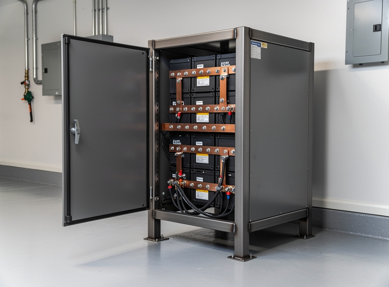 Finished welded steel battery enclosure rack with door open showing 48V LiFePO4 battery installed inside copper busbars and clean garage installation