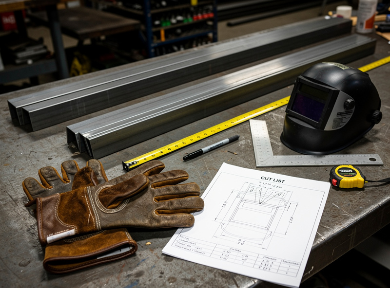 Workbench with steel angle stock cut to length tape measure marker square welding gloves helmet and dimensional drawing on paper