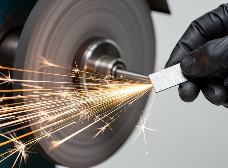 Macro photograph of spark test on bench grinder showing characteristic spark stream pattern from a piece of unknown steel