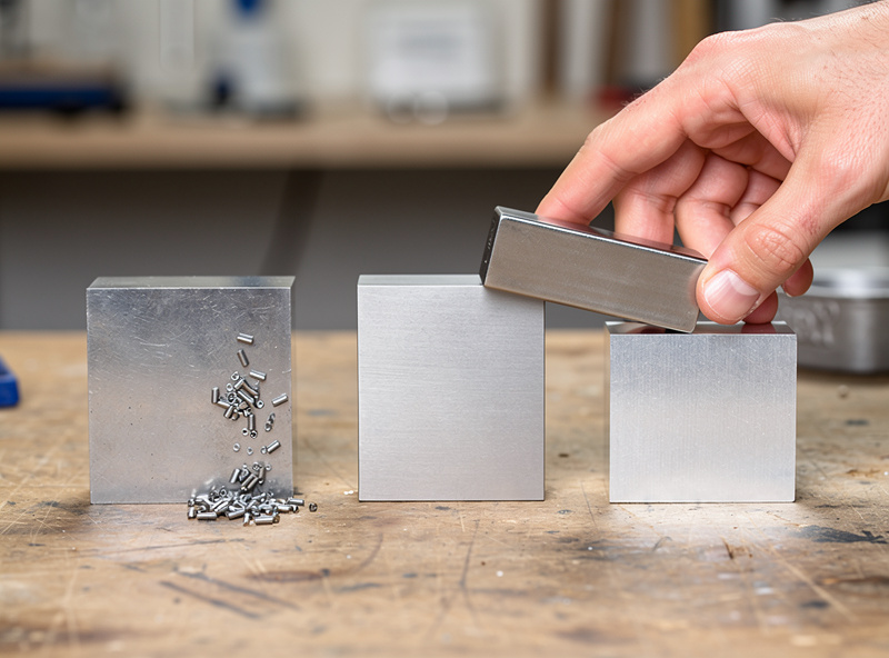 Magnet held against various metal samples showing strong attraction to mild steel, weak attraction to stainless, and no attraction to aluminum