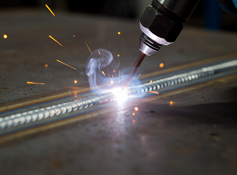 Macro photograph of a MIG welder gun making a clean horizontal weld bead on mild steel plate with visible welding arc