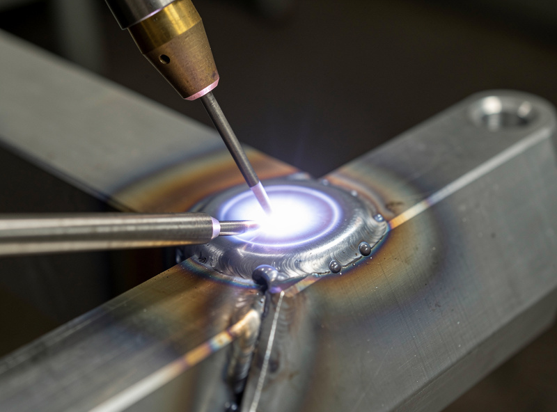 Macro photograph of TIG welding aluminum with visible torch tip, sharp tungsten electrode, and filler rod being fed into the weld puddle