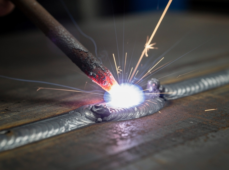 Macro photograph of stick welding with a coated electrode striking arc on steel plate showing visible slag and bright arc flash