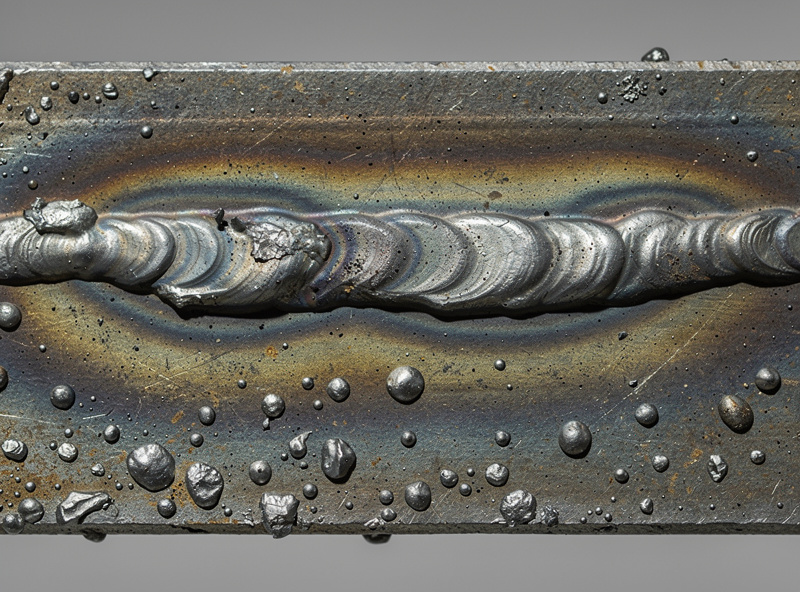 Macro photograph of a poor MIG weld surrounded by hardened spatter beads stuck to the steel surface showing irregular bead profile