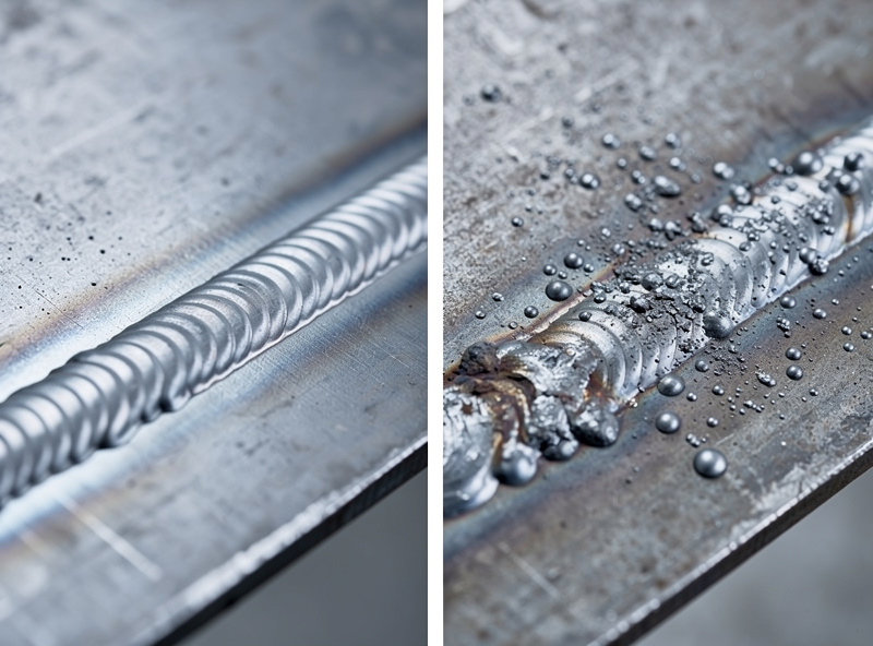 Side-by-side comparison showing a clean smooth MIG weld bead on the left versus a heavily spattered bead with surrounding spatter on the right