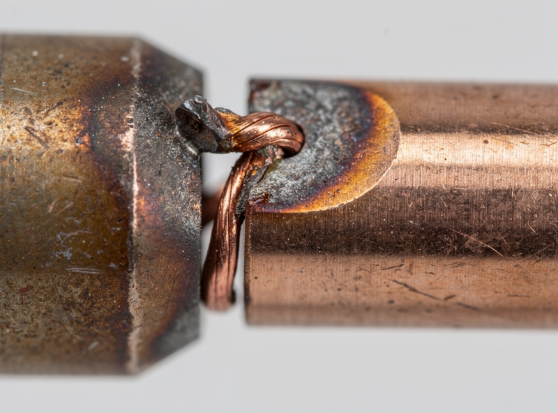 Macro photograph of a MIG welder contact tip with copper wire melted and fused into the orifice showing burnback damage
