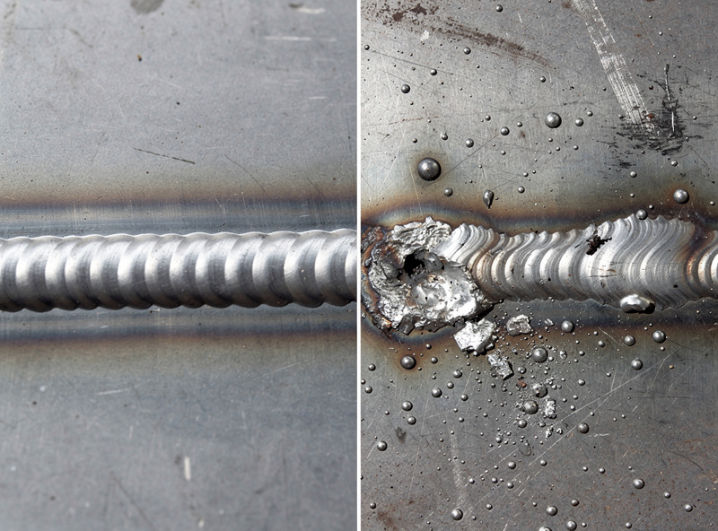 Comparison of two MIG welds, on the left a clean even bead with consistent ripples and on the right an erratic spattery bead from wire feed issues