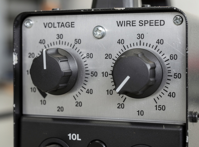 MIG welder voltage dial and wire speed control showing infinite adjustment