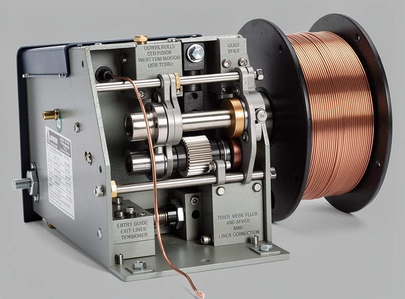 MIG wire feed mechanism showing drive rolls and wire spool path