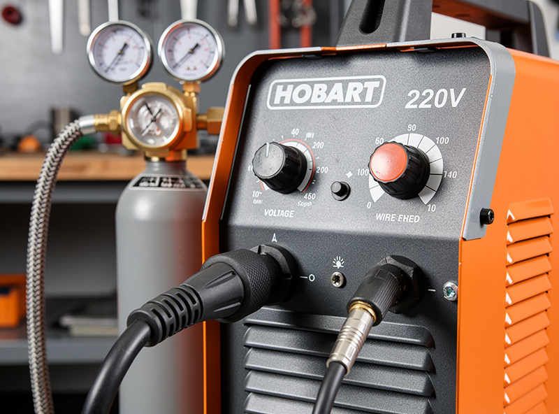 220V MIG welder front panel with voltage and wire-feed dials, gas regulator and bottle visible