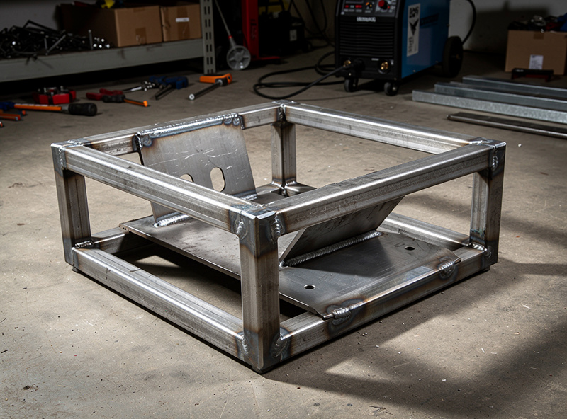 Finished welded steel sim racing rig frame on a workshop floor showing the welded joints