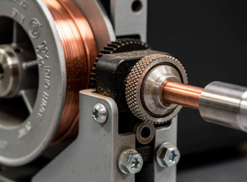 Close-up of MIG welding wire feed mechanism with drive roll and wire spool